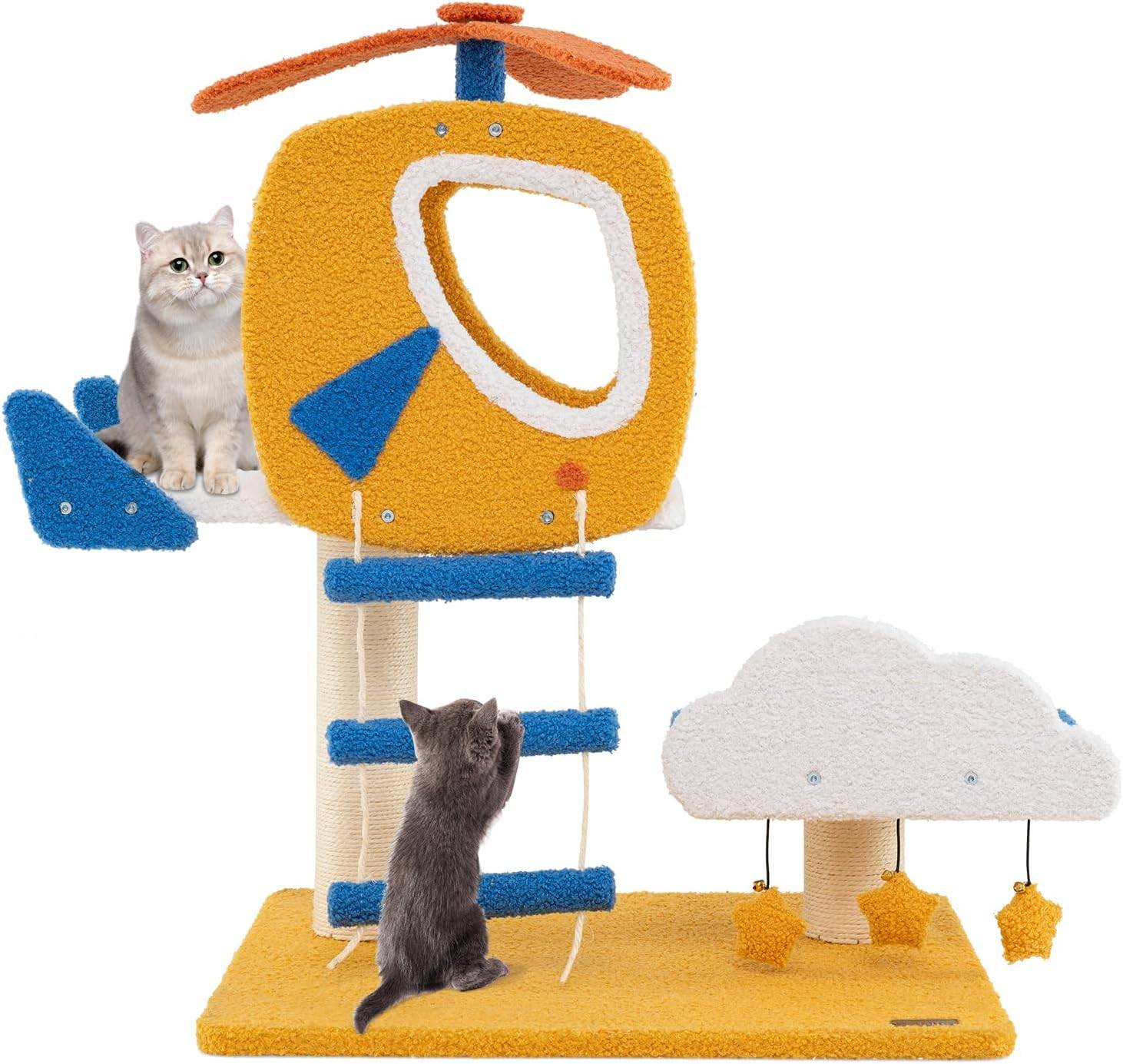 COSTWAY Arbre a Chat Design 76 cm, Petit Arbre a Chat à Thème de Aviation, 2 Griffoirs pour Chat, Échelle d'escalade 58,5 × 48,5 × 76 cm - Image 1