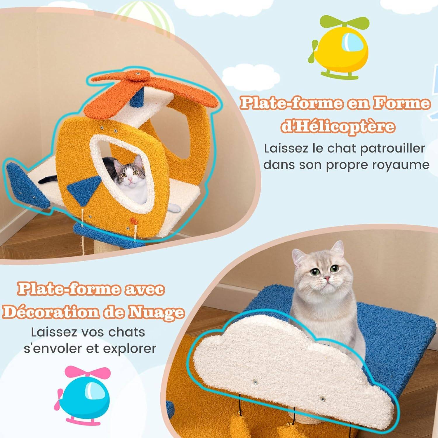COSTWAY Arbre a Chat Design 76 cm, Petit Arbre a Chat à Thème de Aviation, 2 Griffoirs pour Chat, Échelle d'escalade 58,5 × 48,5 × 76 cm - Image 4