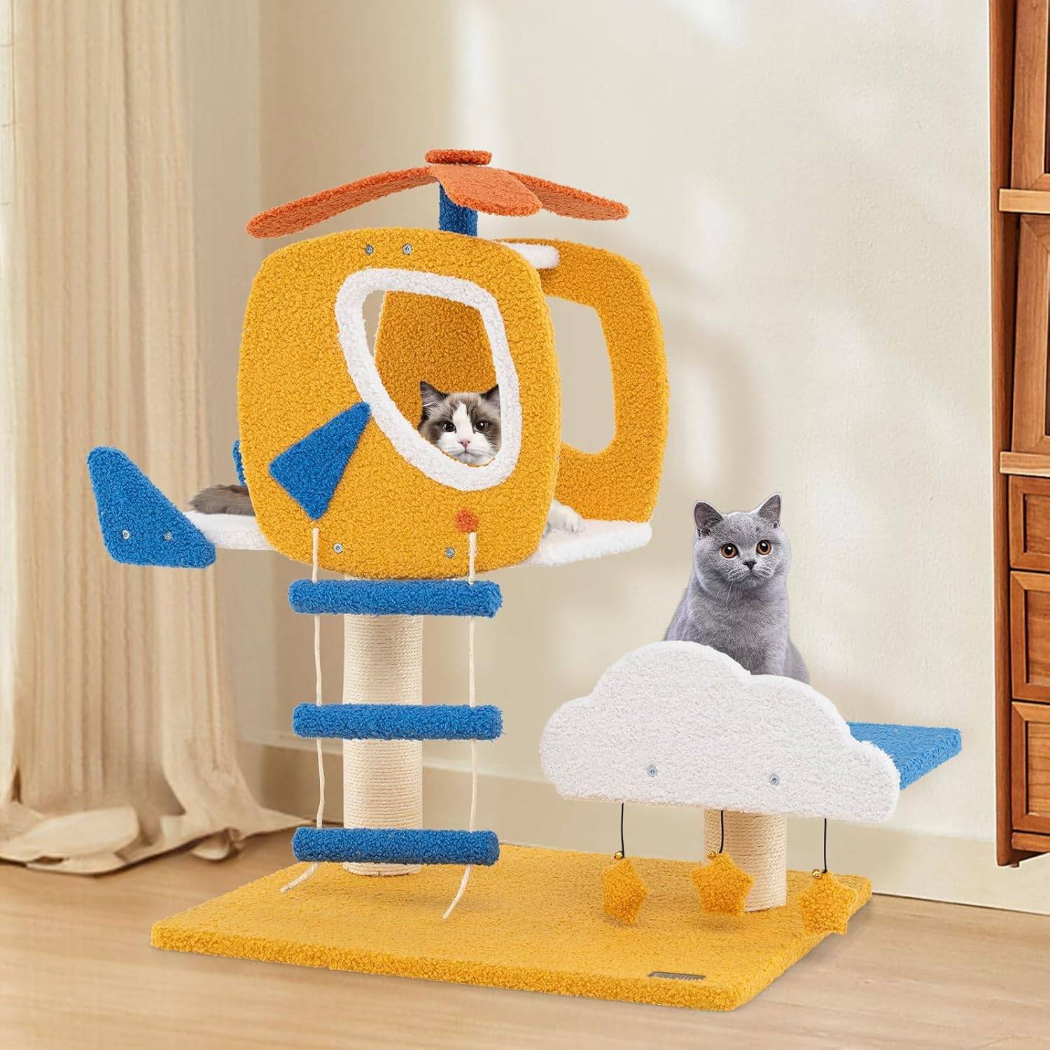 COSTWAY Arbre a Chat Design 76 cm, Petit Arbre a Chat à Thème de Aviation, 2 Griffoirs pour Chat, Échelle d'escalade 58,5 × 48,5 × 76 cm - Image 2