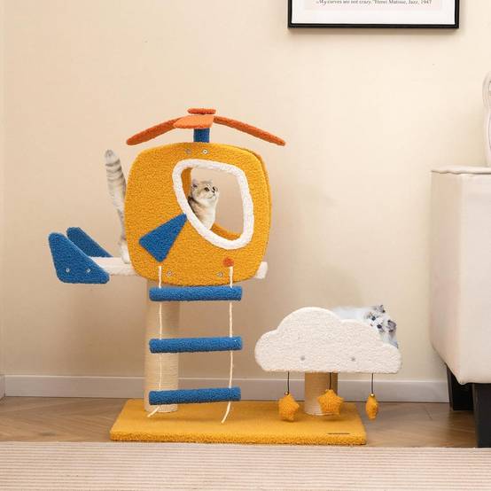 COSTWAY Arbre a Chat Design 76 cm, Petit Arbre a Chat à Thème de Aviation, 2 Griffoirs pour Chat, Échelle d'escalade 58,5 × 48,5 × 76 cm - Image 8