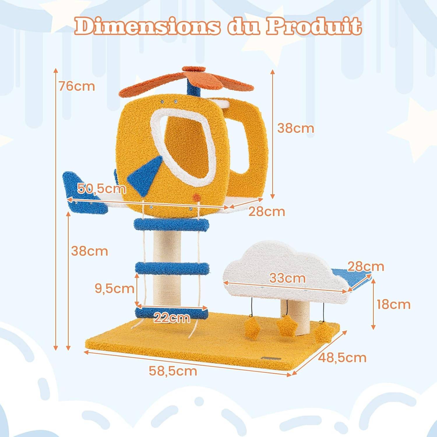 COSTWAY Arbre a Chat Design 76 cm, Petit Arbre a Chat à Thème de Aviation, 2 Griffoirs pour Chat, Échelle d'escalade 58,5 × 48,5 × 76 cm - Image 3