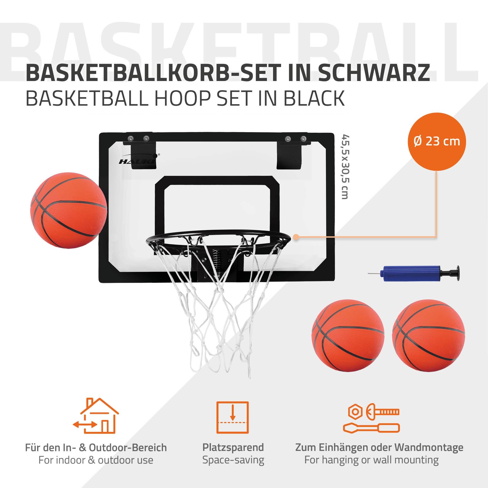 Set panier de basket noir 45,5x30 cm 3 ballons pompe à balles panneau et anneau - Imagen 2