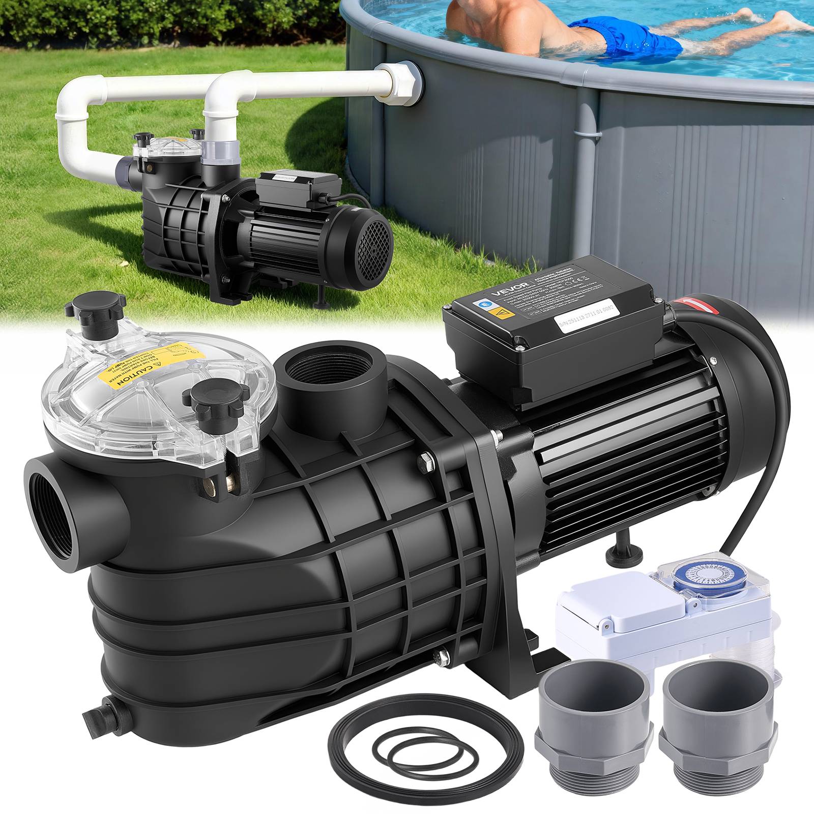 Vevor - VEVOR Pompe piscine 3000 W, 35000 L/h, hauteur 19 m, minuterie 24 h, panier filtrant, 220-240 V CA - Image 1