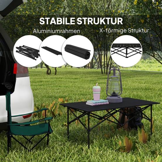 Table de camping aluminium légère, plateau enroulable, cadre X, 95x55 cm, pour jardin et camping, 2 personnes, noire - Image 5