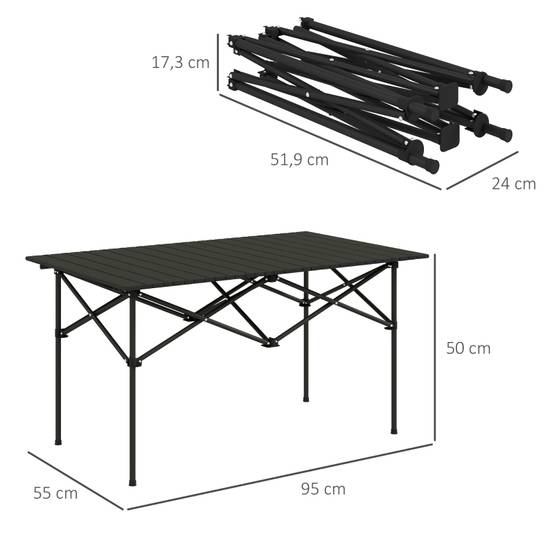 Table de camping aluminium légère, plateau enroulable, cadre X, 95x55 cm, pour jardin et camping, 2 personnes, noire - Image 3