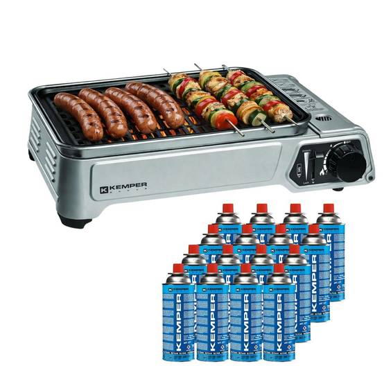 Barbecue à gaz 1900W Grille anti adhesive + 16 cartouches gaz camping KEMPER - Imagen 1