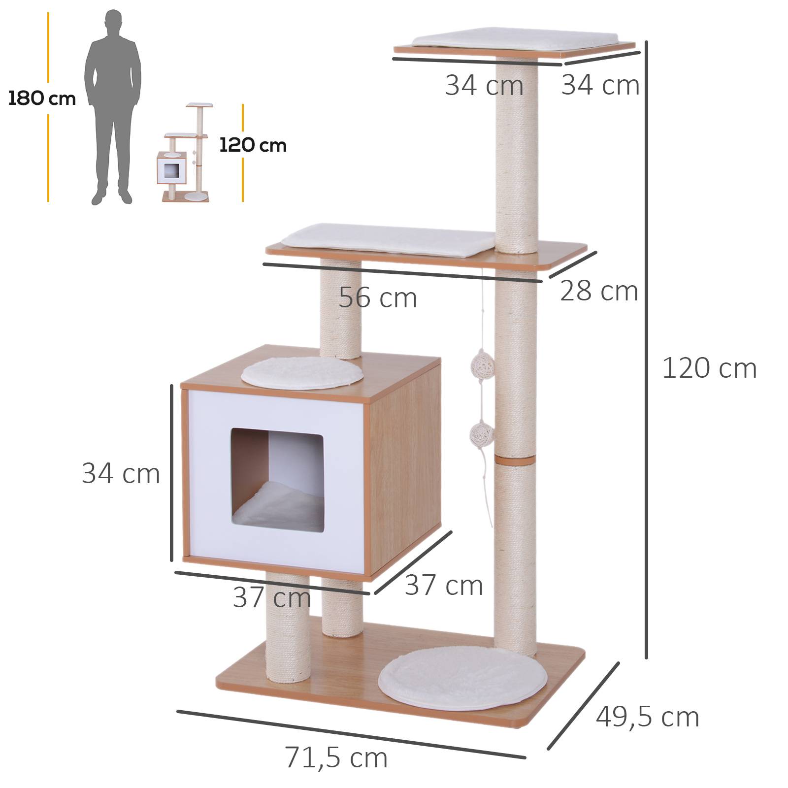 Pawhut - Arbre à chat design contemporain griffoirs grattoirs sisal naturel niche plate-formes jeu boules suspendues 71L x 49l x 120H cm MDF hêtre clair - Imagen 3