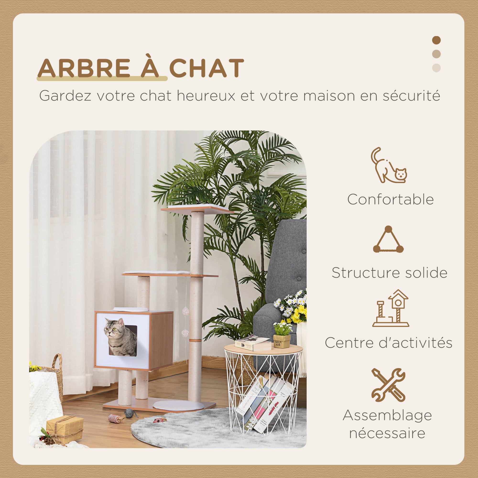 Pawhut - Arbre à chat design contemporain griffoirs grattoirs sisal naturel niche plate-formes jeu boules suspendues 71L x 49l x 120H cm MDF hêtre clair - Imagen 5