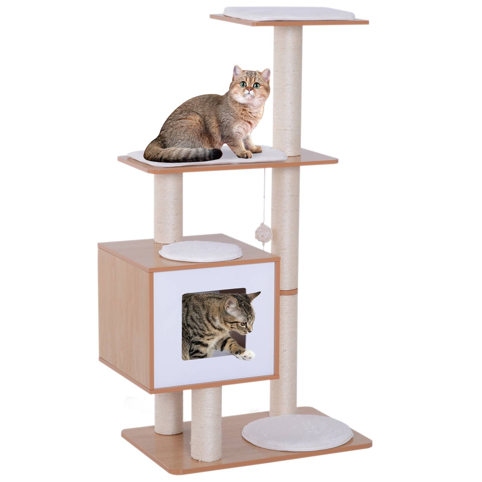 Pawhut - Arbre à chat design contemporain griffoirs grattoirs sisal naturel niche plate-formes jeu boules suspendues 71L x 49l x 120H cm MDF hêtre clair - Imagen 1