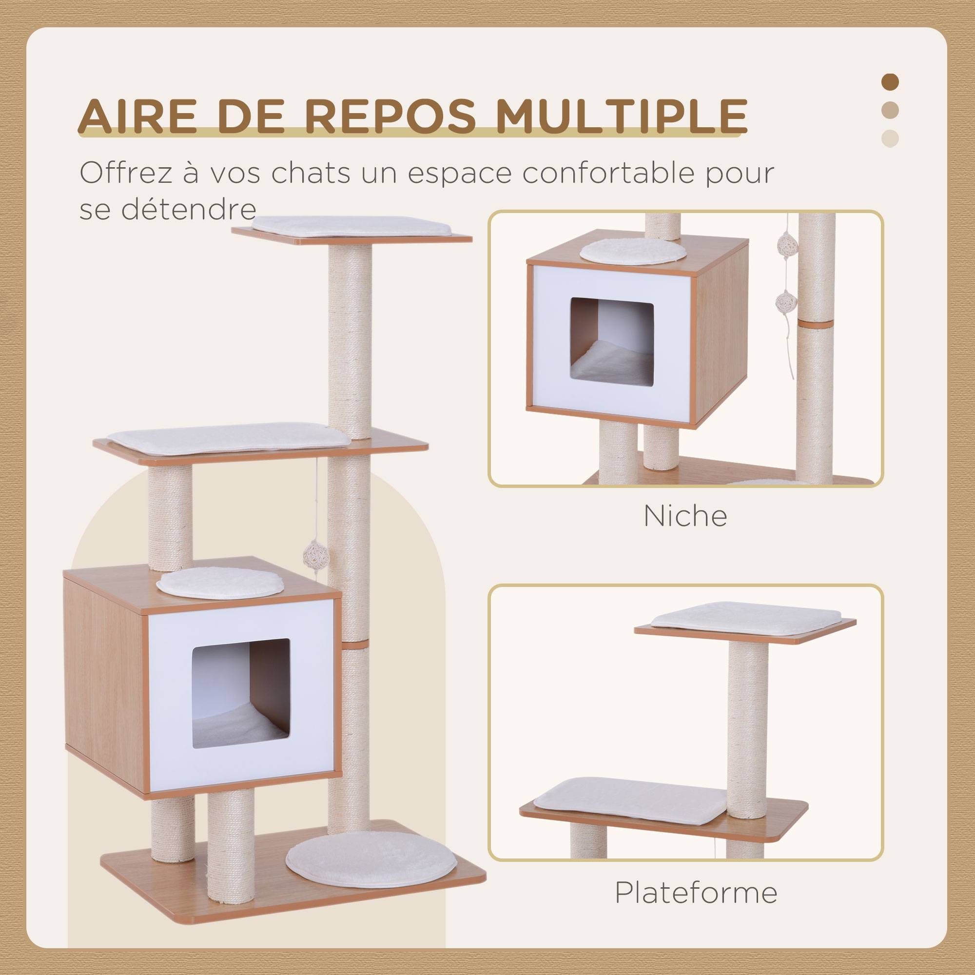 Pawhut - Arbre à chat design contemporain griffoirs grattoirs sisal naturel niche plate-formes jeu boules suspendues 71L x 49l x 120H cm MDF hêtre clair - Imagen 4