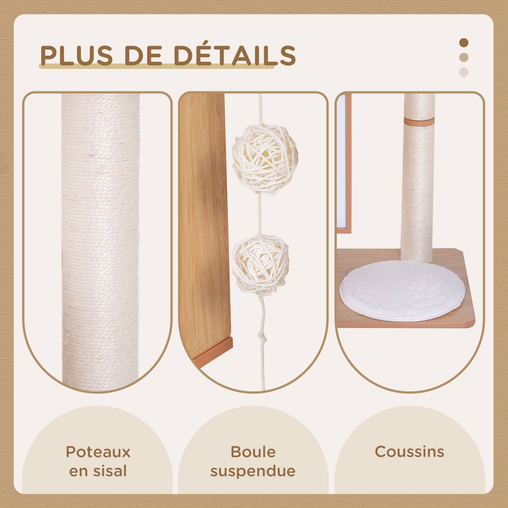 Pawhut - Arbre à chat design contemporain griffoirs grattoirs sisal naturel niche plate-formes jeu boules suspendues 71L x 49l x 120H cm MDF hêtre clair - Imagen 7