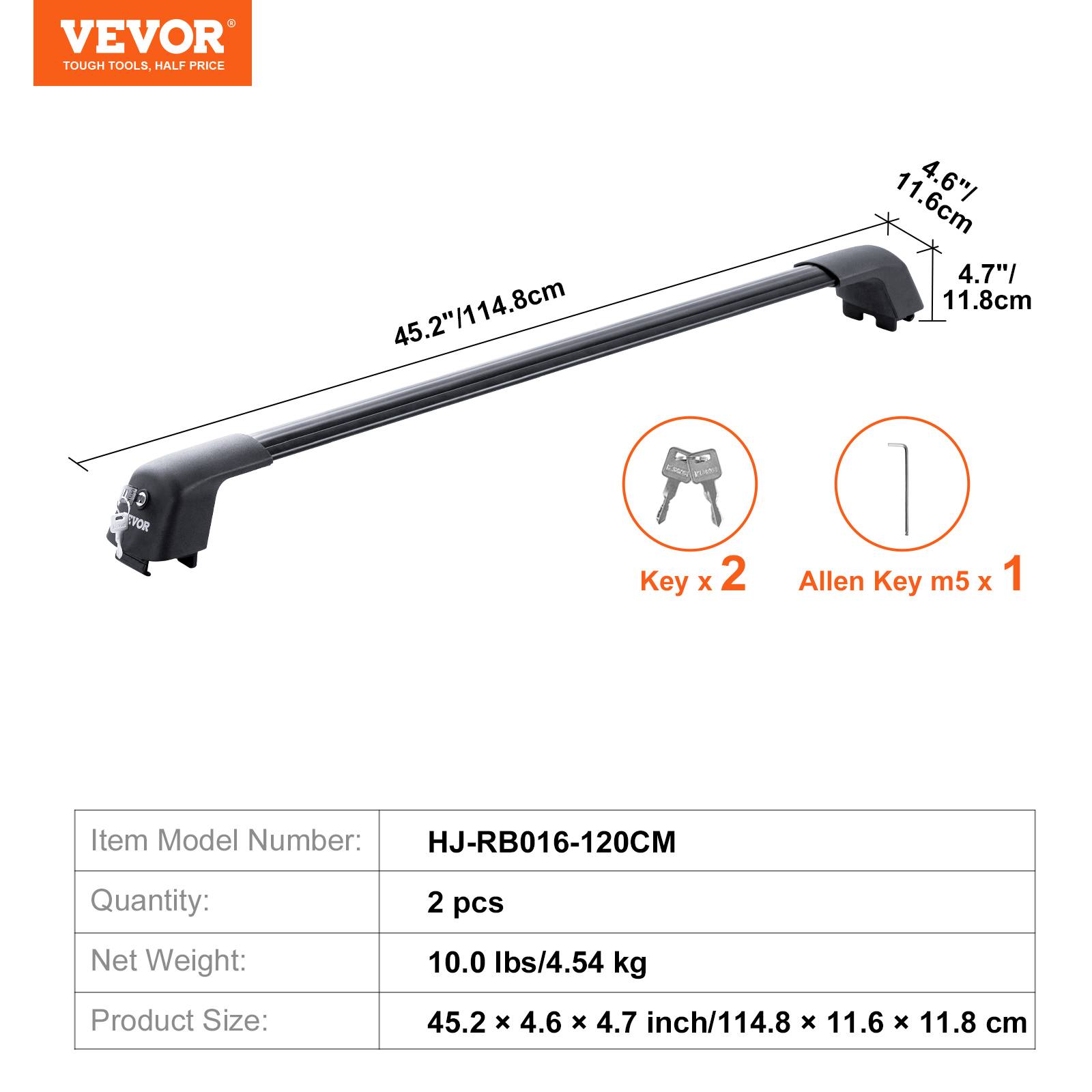 VEVOR Barre de toit universelle 120,8 cm max, aluminium. Pour rails latéraux, SUV, berline, fourgonnette. - Image 7