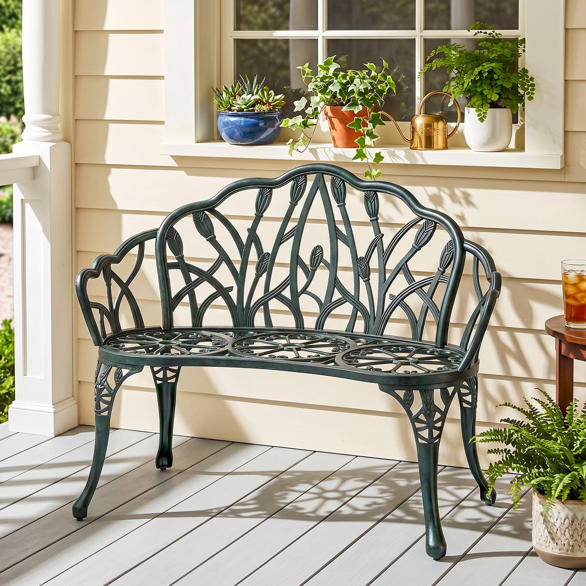 Sans Marque - Banc jardin aluminium moulé extérieur 2 places dossier tulipe assise florale 99x57x78cm vert antique - Image 3