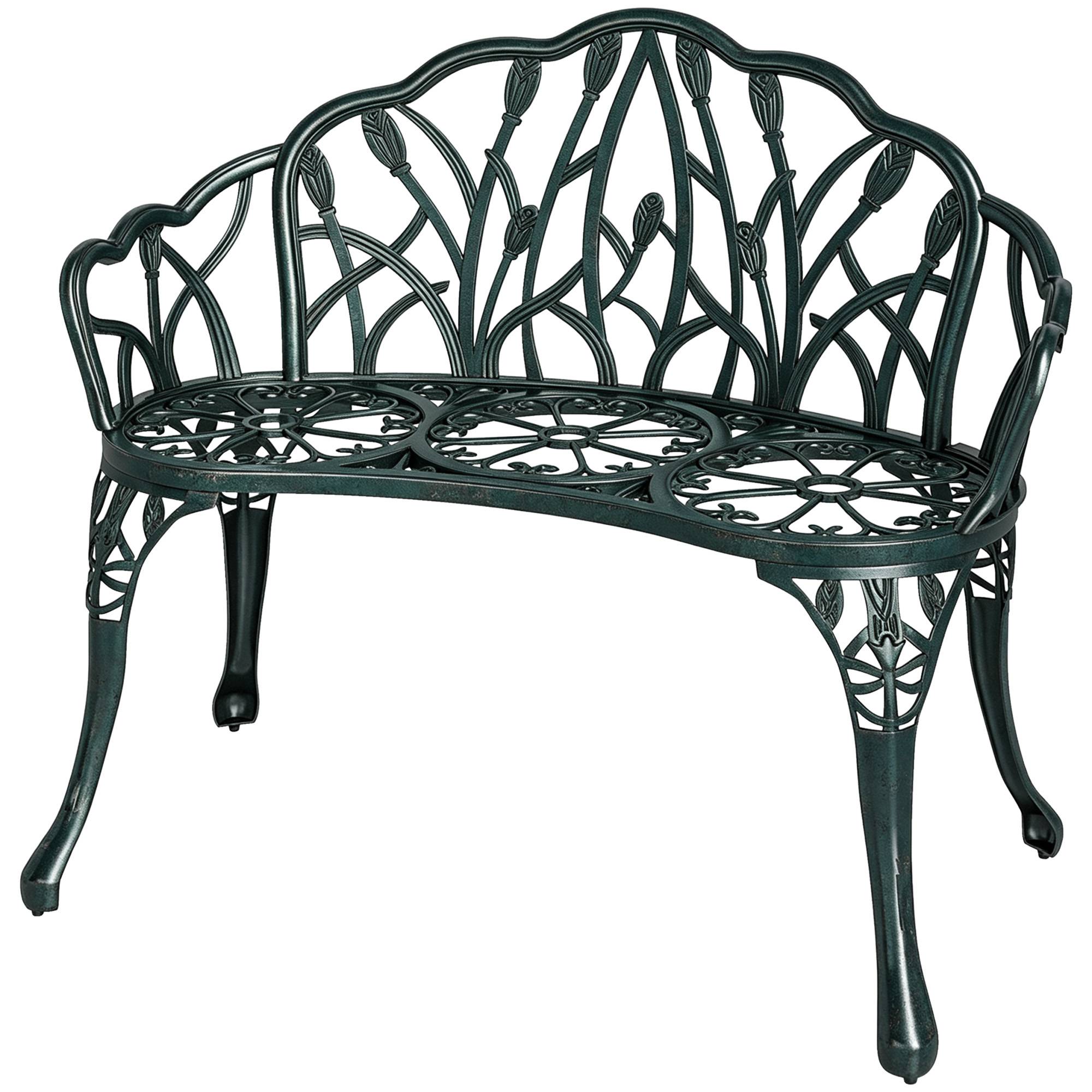 Sans Marque - Banc jardin aluminium moulé extérieur 2 places dossier tulipe assise florale 99x57x78cm vert antique - Image 2