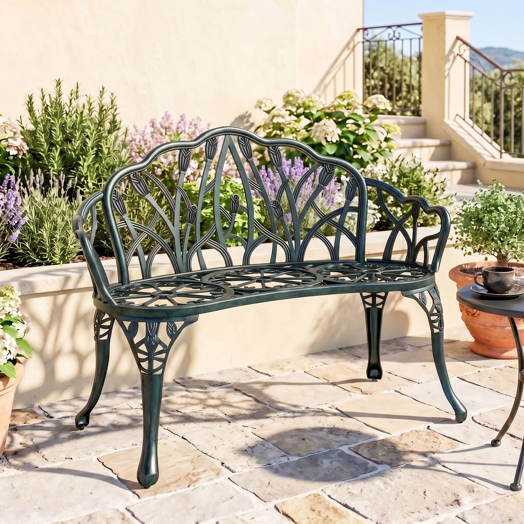 Sans Marque - Banc jardin aluminium moulé extérieur 2 places dossier tulipe assise florale 99x57x78cm vert antique - Image 4