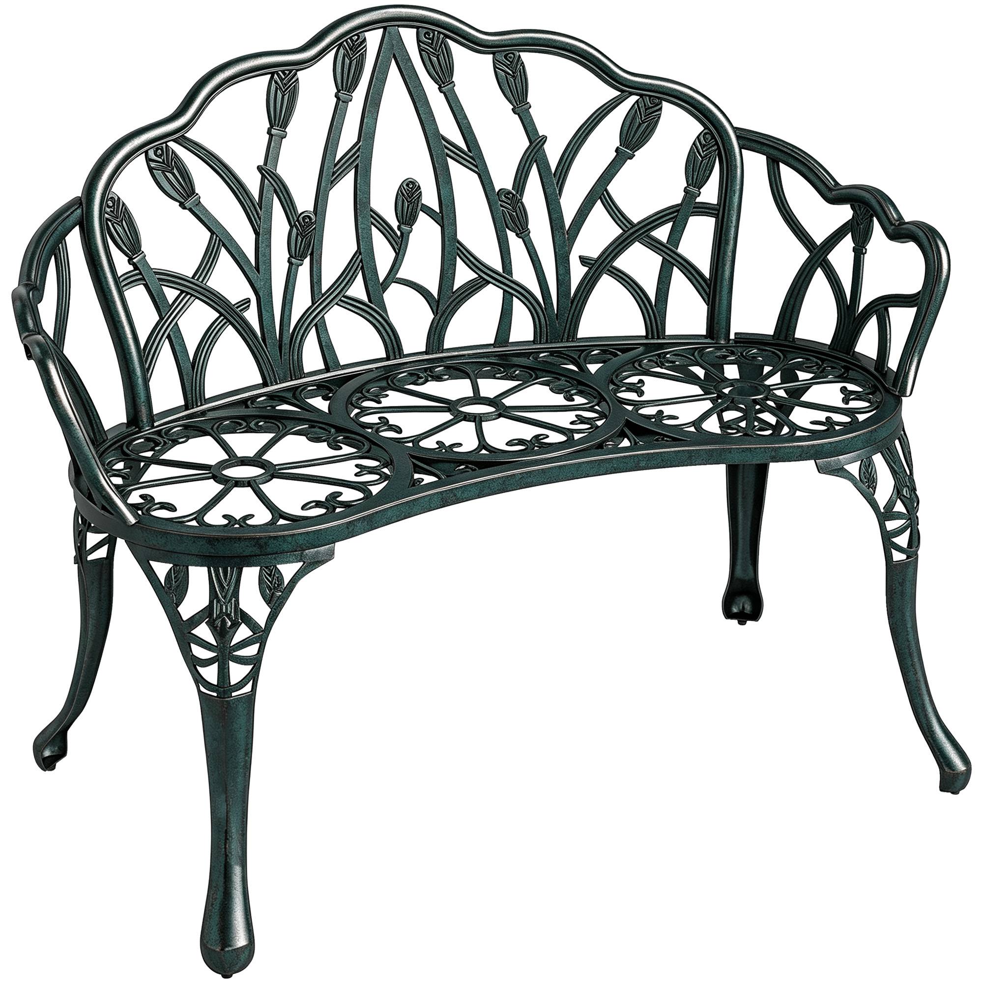 Sans Marque - Banc jardin aluminium moulé extérieur 2 places dossier tulipe assise florale 99x57x78cm vert antique - Image 1
