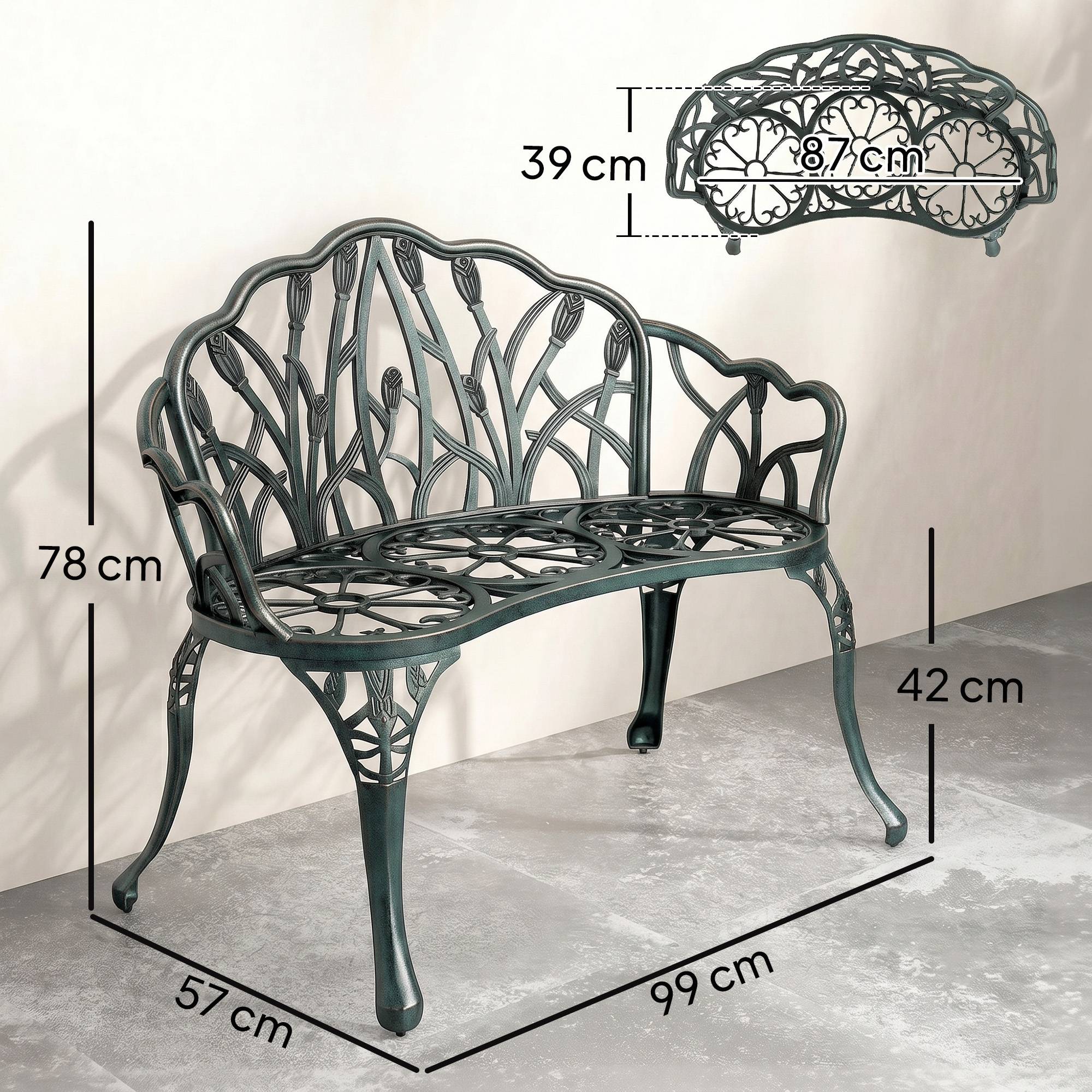 Sans Marque - Banc jardin aluminium moulé extérieur 2 places dossier tulipe assise florale 99x57x78cm vert antique - Image 5
