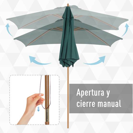 Parasol bois Ø250x230cm, exterieur, 6 baleines, systeme poulie, couleur vert - Image 7