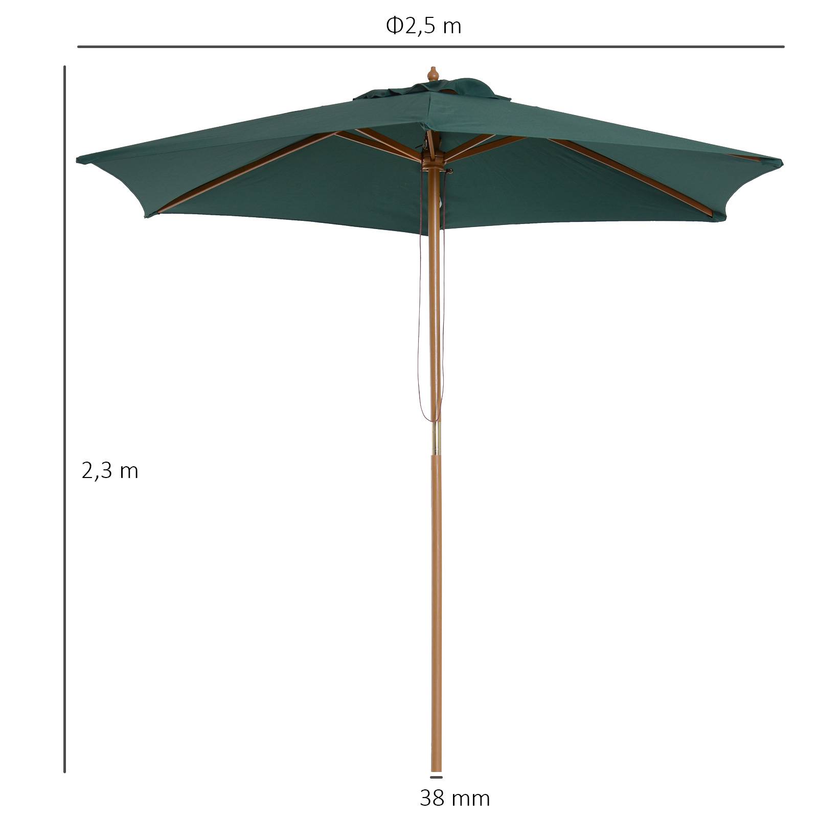 Parasol bois Ø250x230cm, exterieur, 6 baleines, systeme poulie, couleur vert - Image 5