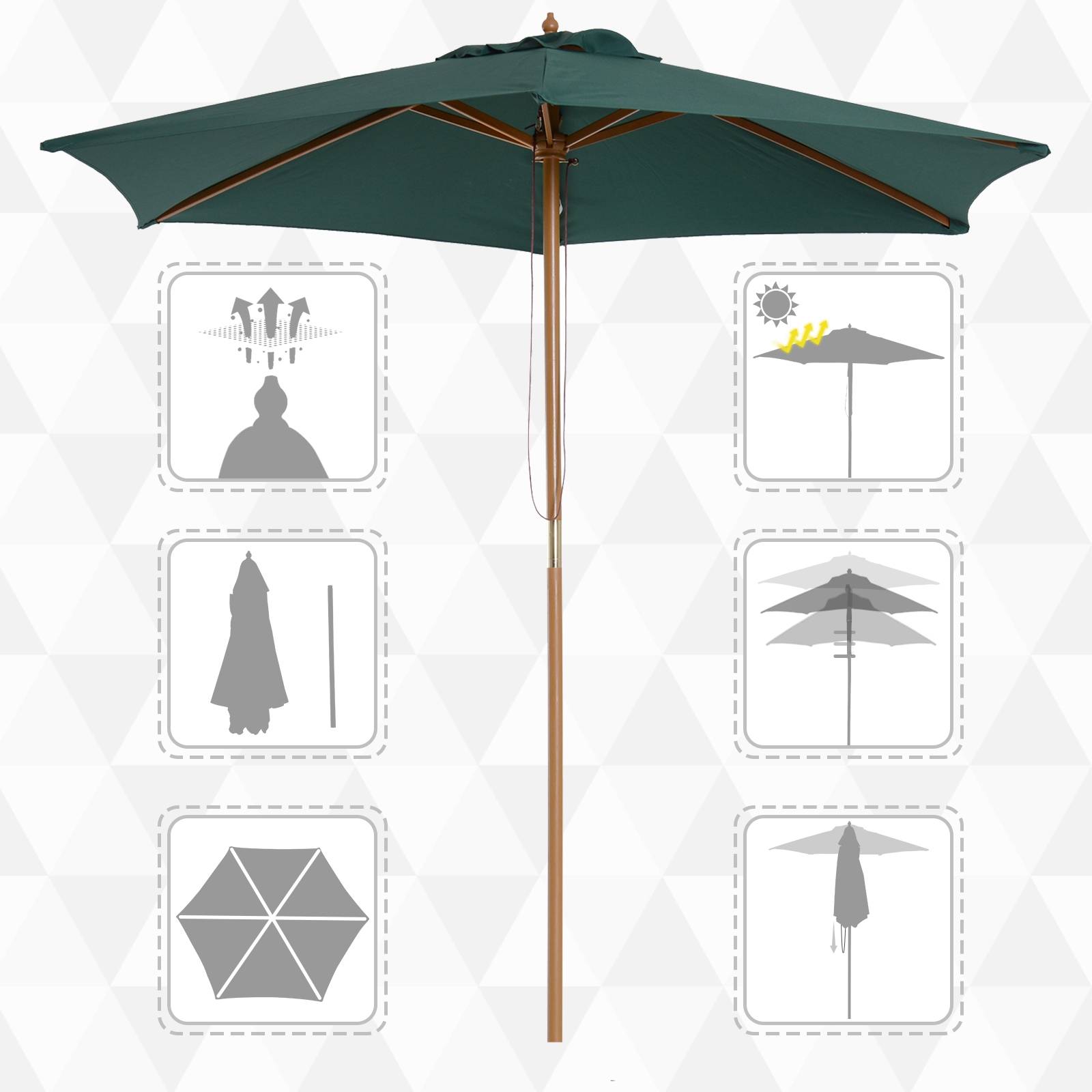Parasol bois Ø250x230cm, exterieur, 6 baleines, systeme poulie, couleur vert - Image 6
