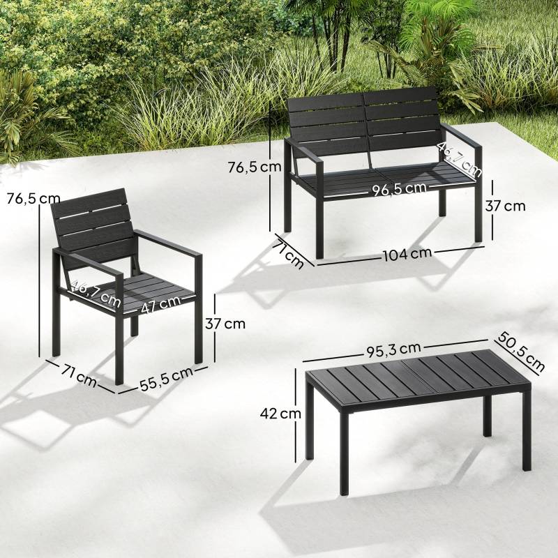 Salon de jardin 4 places métal HDPE terrasse extérieur design lattes noir - ComfortXL Outdoor Living - Image 3
