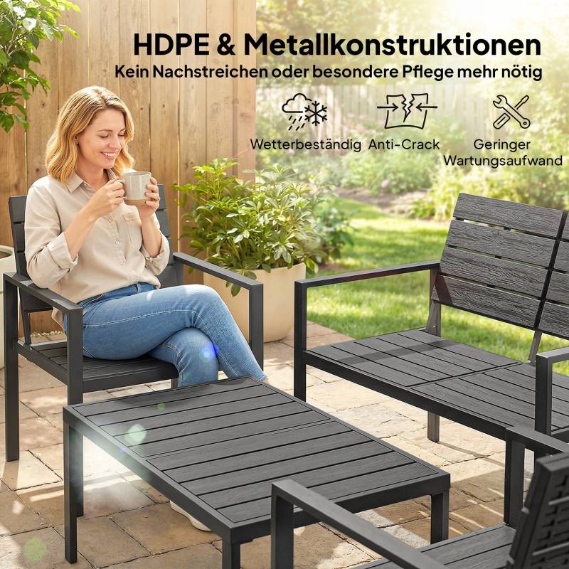 Salon de jardin 4 places métal HDPE terrasse extérieur design lattes noir - ComfortXL Outdoor Living - Image 4