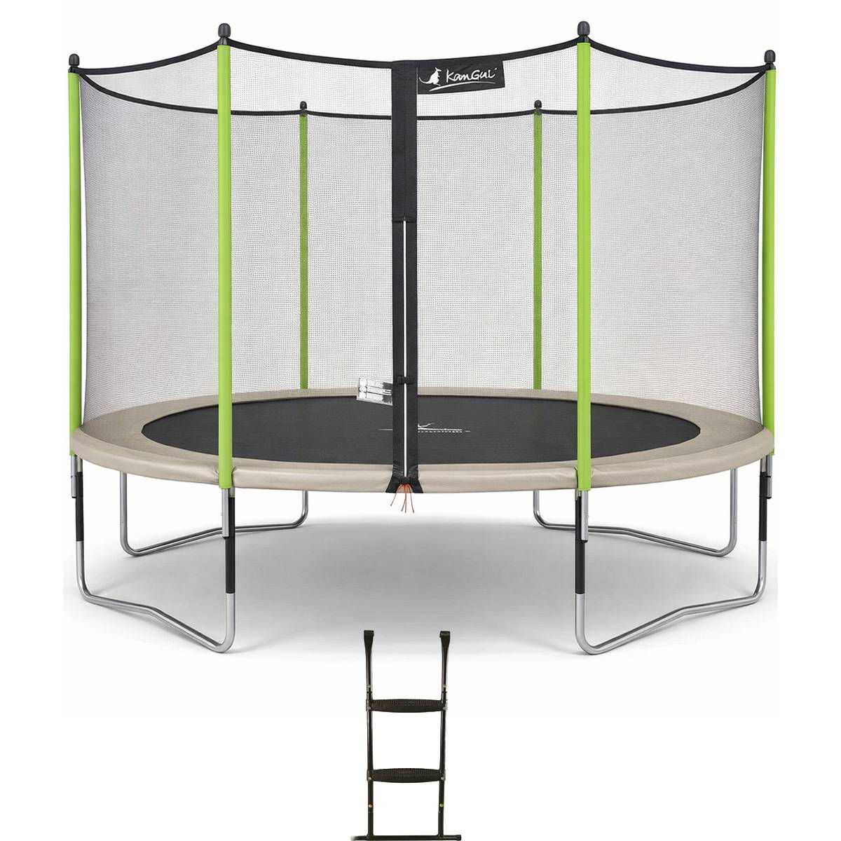 Kangui - Trampoline jardin Ø 430 cm + filet + échelle - JUMPI 430 - Taupe/Vert Kangui - Image 1