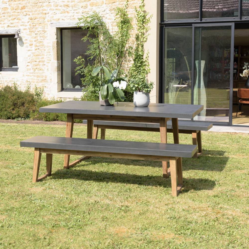 Macabane - HECTOR - Ensemble de jardin béton, bois acacia table 180*90cm et 2 bancs - Imagen 2