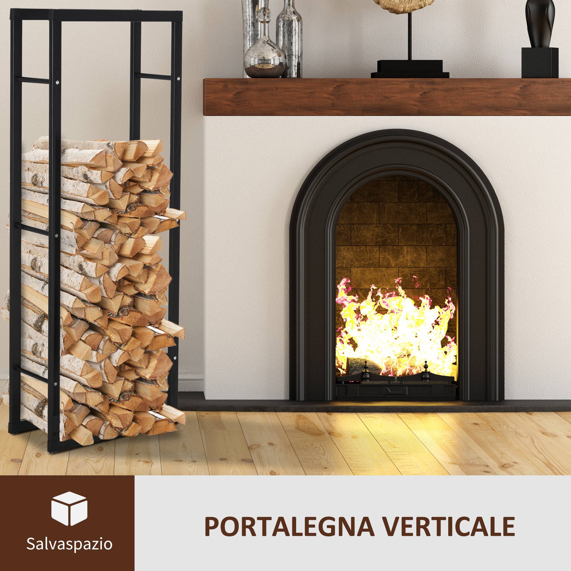 Support vertical à bûches en métal noir pour une utilisation intérieure et extérieure, capacité de charge maximale de 100 kg, 40 x 25 x 150 cm - Image 7