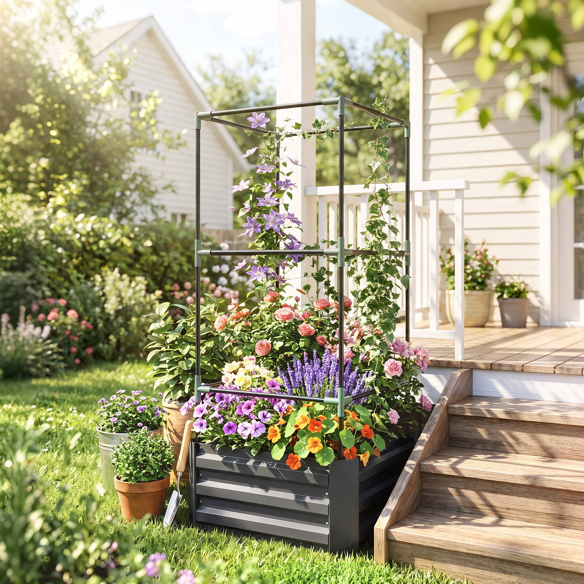 Potager surélevé avec treillis, sans fond, résistant, 61x61x140 cm, gris - Image 10