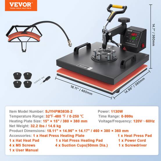 VEVOR Presse à chaud 2-en-1, 38x38cm, 1200W, contrôle numérique, pour sublimation sur textiles et objets. - Image 7