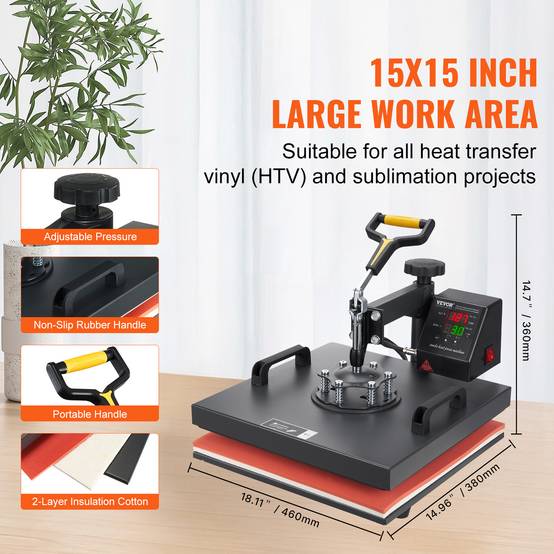VEVOR Presse à chaud 2-en-1, 38x38cm, 1200W, contrôle numérique, pour sublimation sur textiles et objets. - Image 4