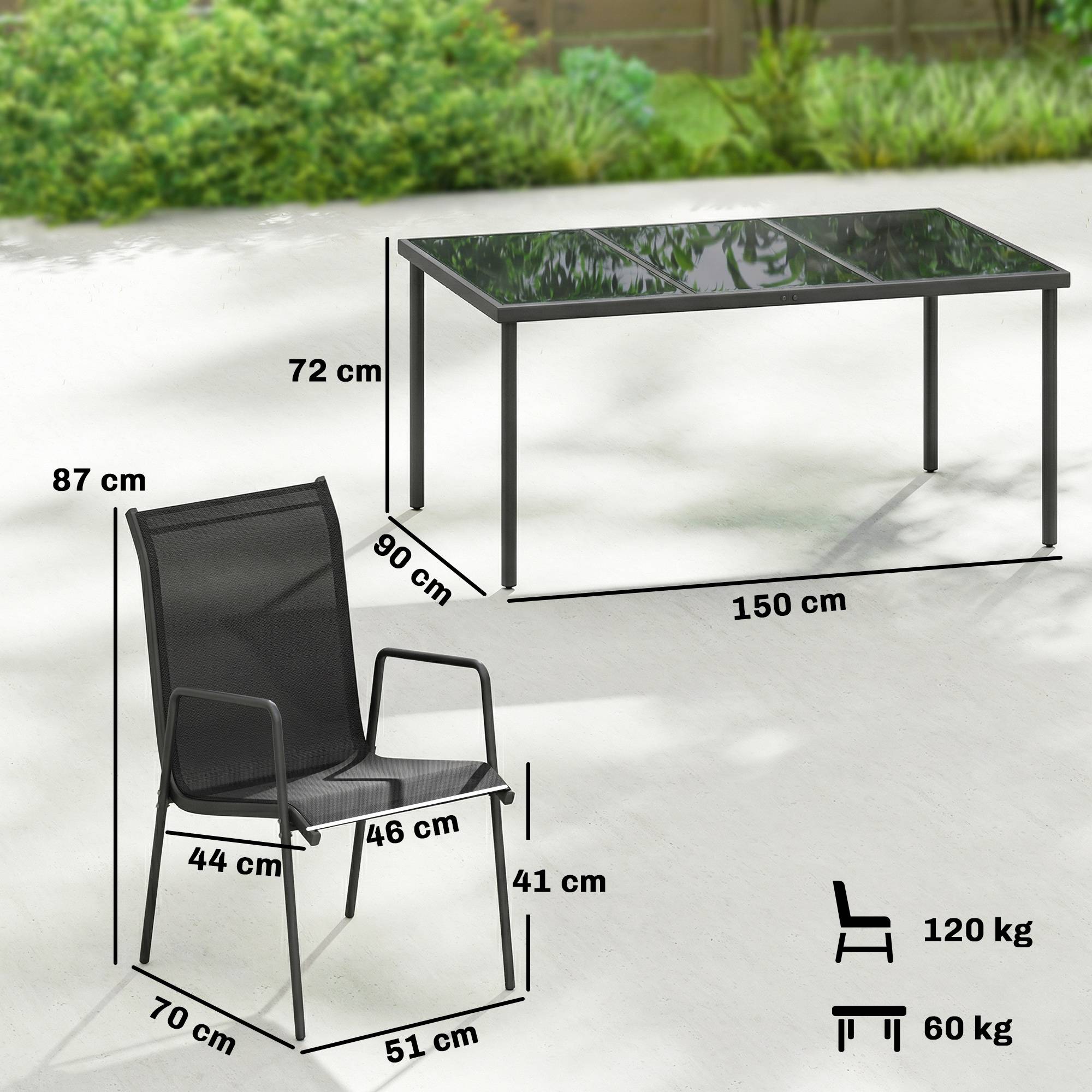 Salon de jardin métal verre et textilène noir 150 x 90 x 72 cm - PANGIVO - Image 5