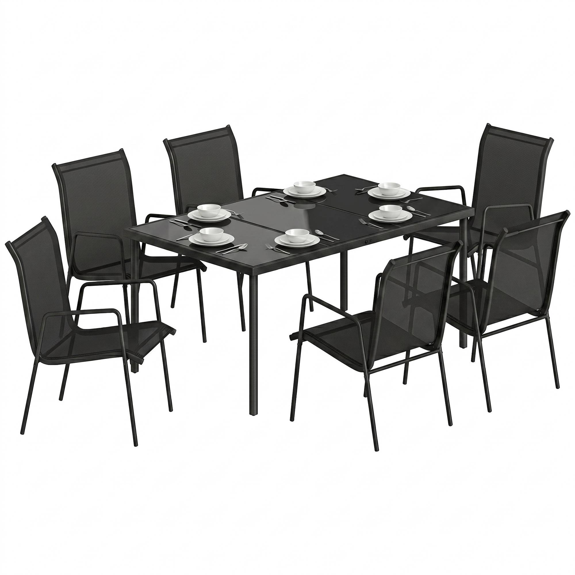 Salon de jardin métal verre et textilène noir 150 x 90 x 72 cm - PANGIVO - Image 1