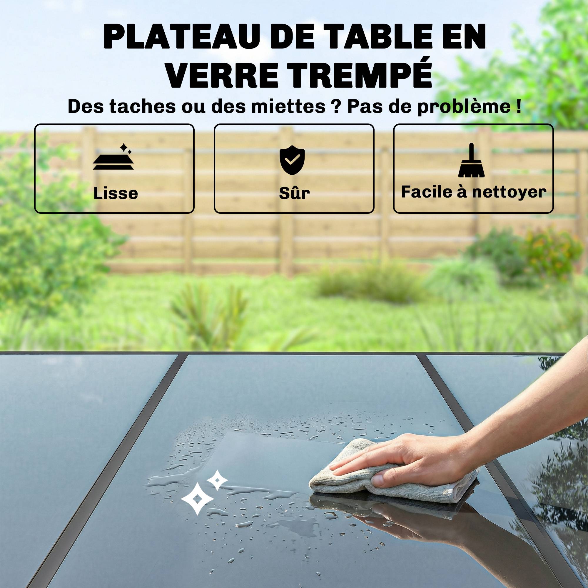 Salon de jardin métal verre et textilène noir 150 x 90 x 72 cm - PANGIVO - Image 9