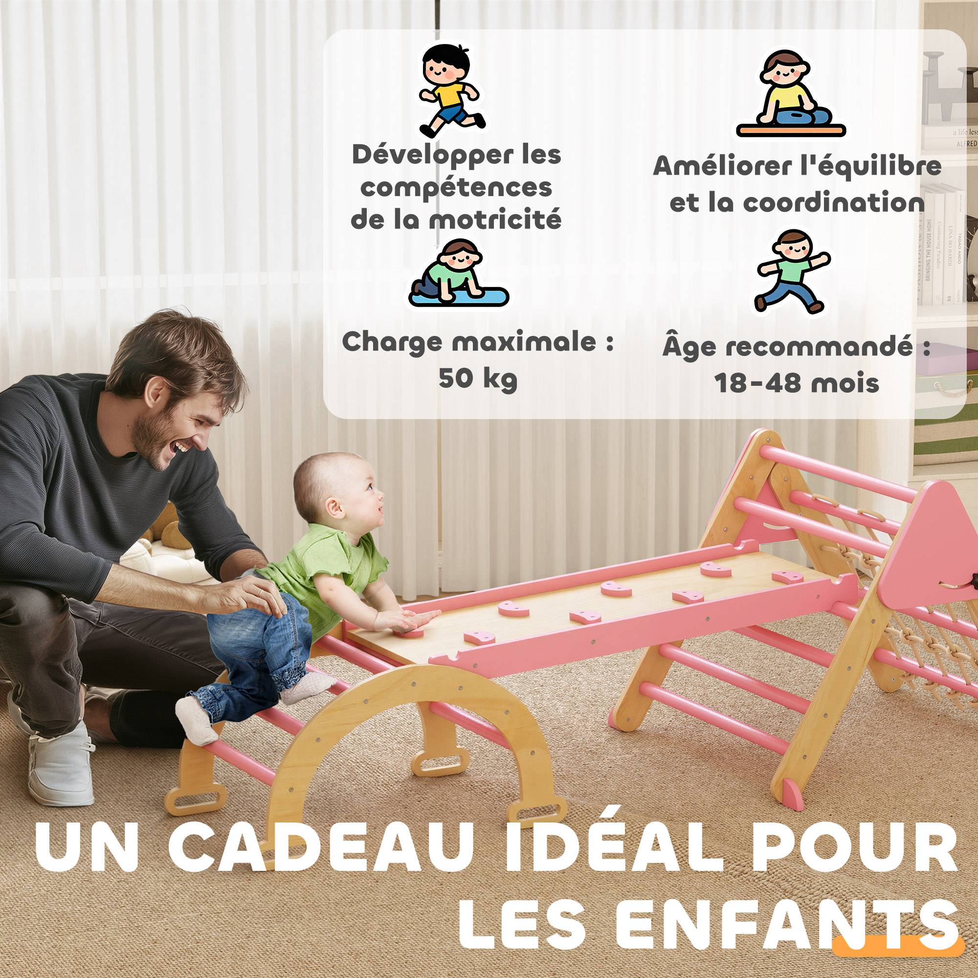 Triangle d'escalade enfants 8 en 1 avec rampe double face, arc d'escalade en bois avec toboggan & échelle, rose - Image 10
