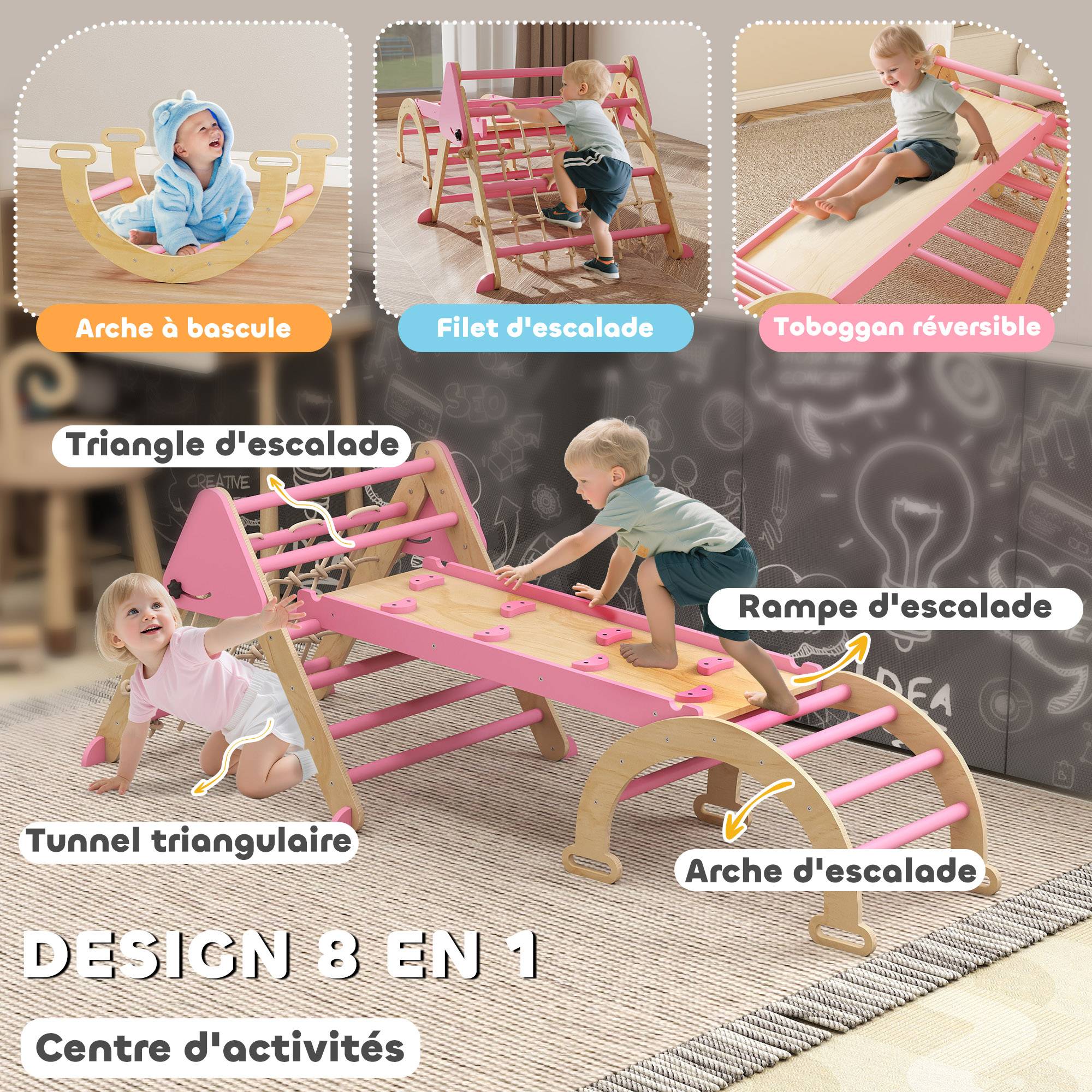 Triangle d'escalade enfants 8 en 1 avec rampe double face, arc d'escalade en bois avec toboggan & échelle, rose - Image 6