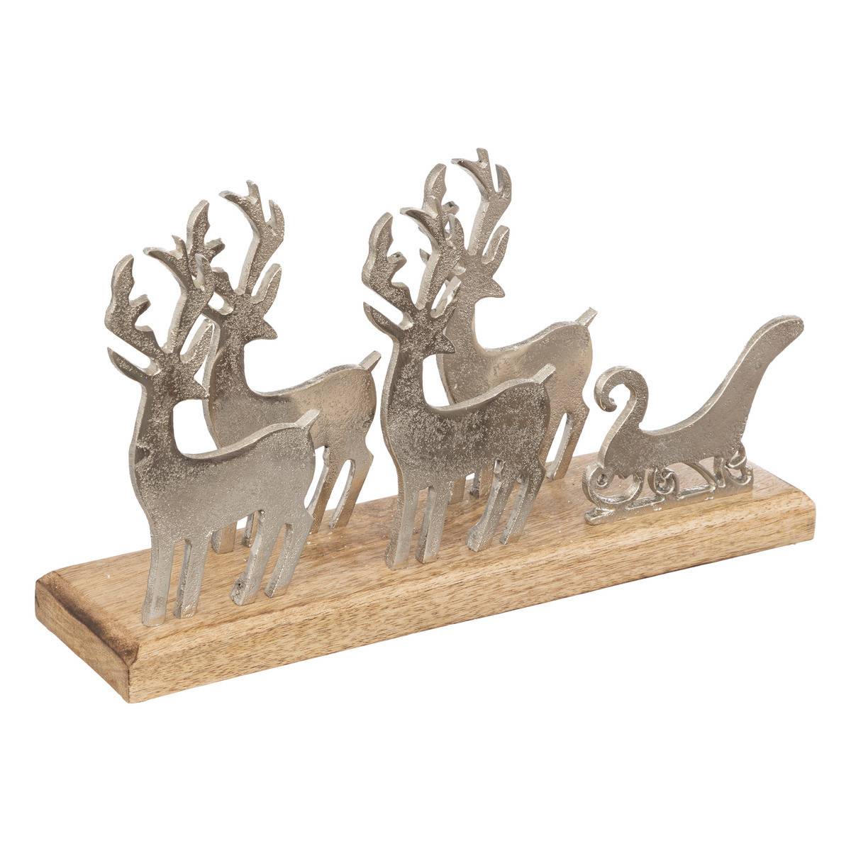 Déco de Noël Traineau et Rennes en Bois et Aluminuim L 35 cm