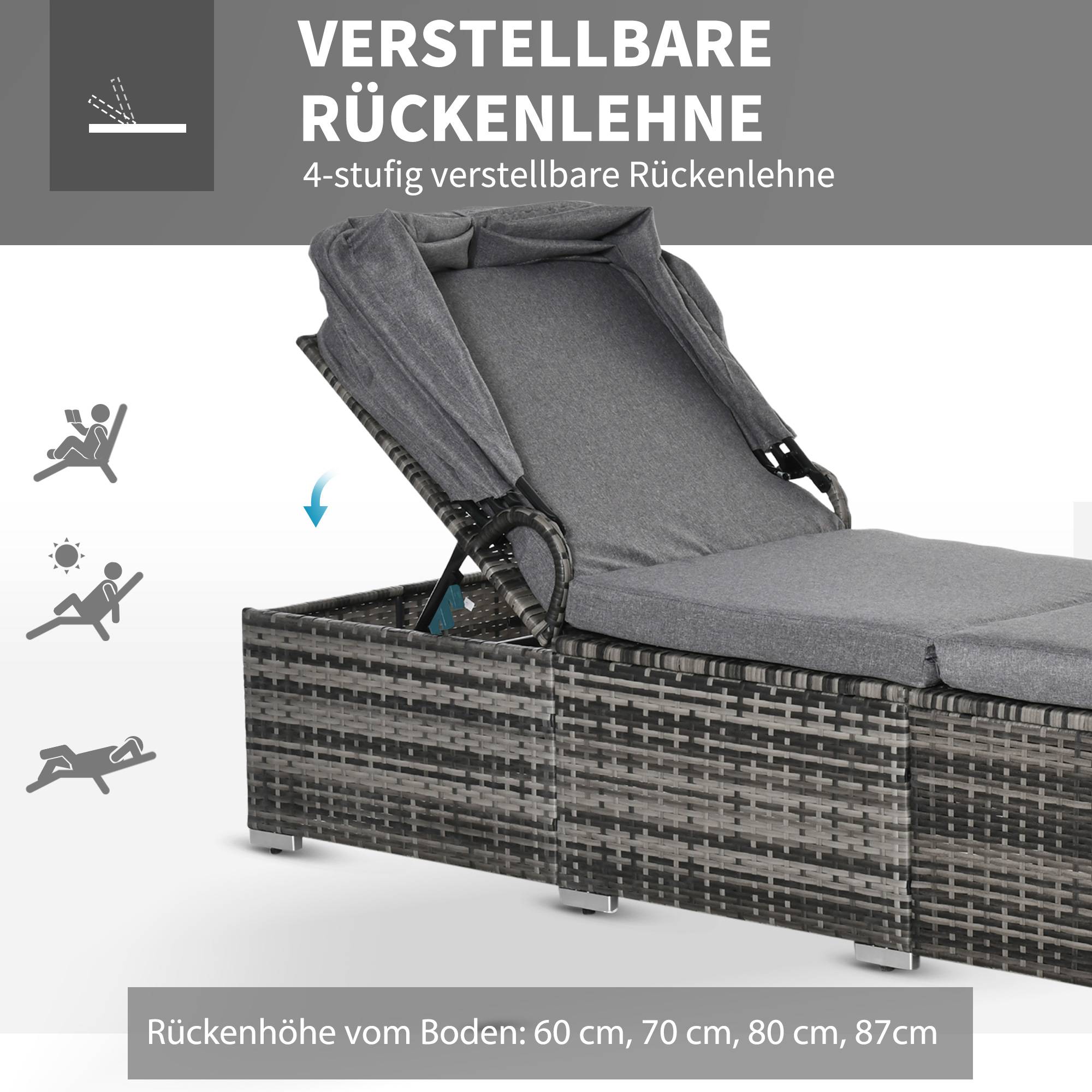 ComfortXL - Bain de soleil en résine tressée et acier gris 195 x 65 x 40 cm jardin dossier réglable et pare-soleil - Image 4