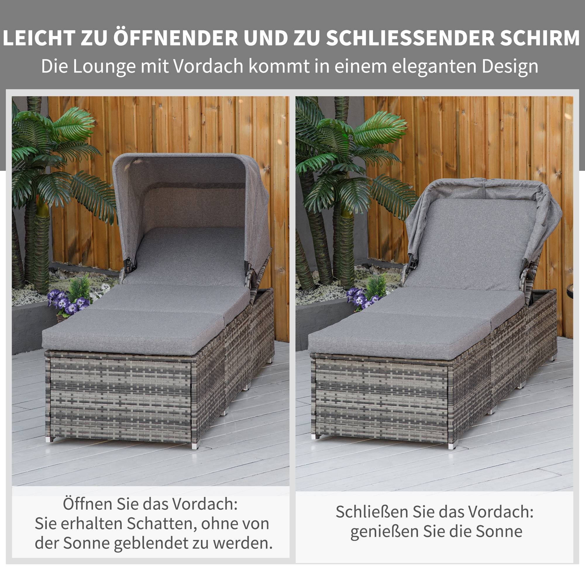ComfortXL - Bain de soleil en résine tressée et acier gris 195 x 65 x 40 cm jardin dossier réglable et pare-soleil - Image 6