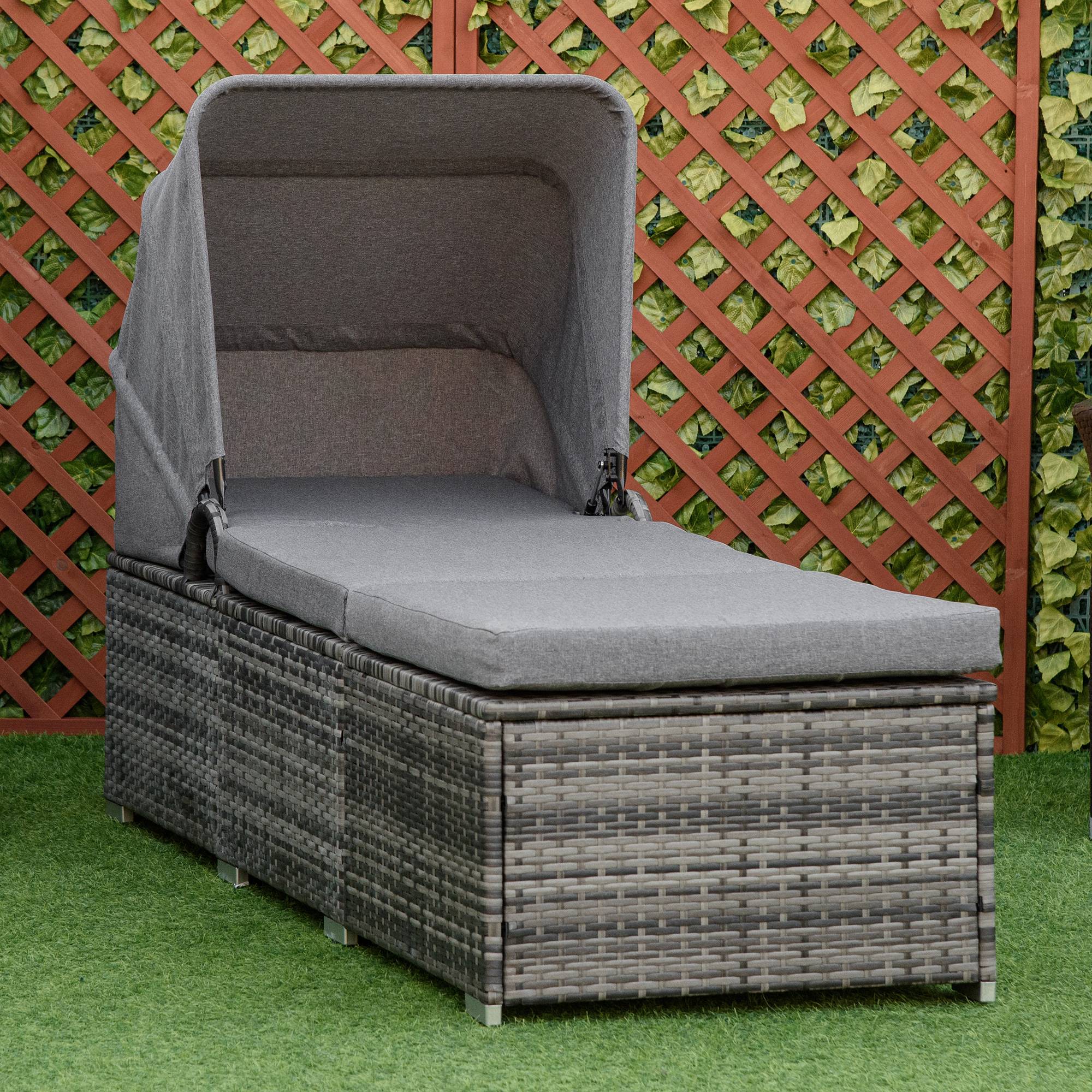 ComfortXL - Bain de soleil en résine tressée et acier gris 195 x 65 x 40 cm jardin dossier réglable et pare-soleil