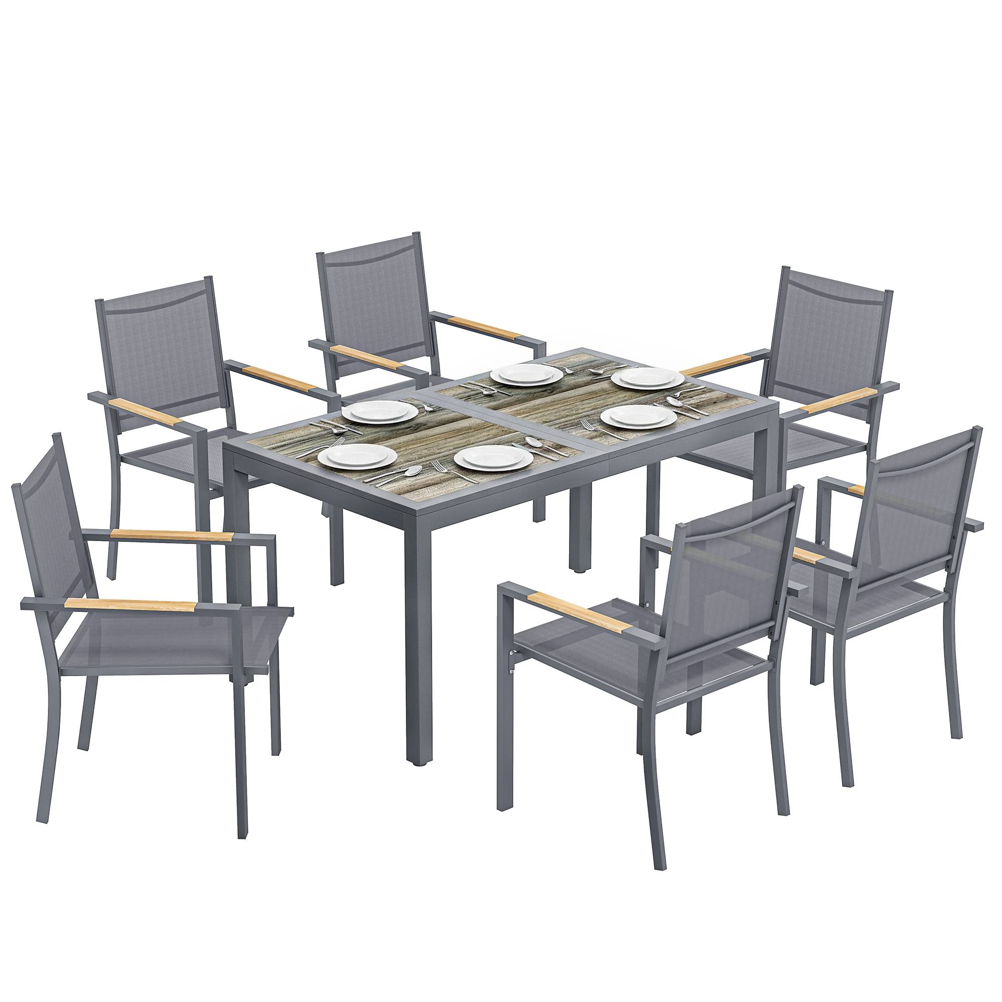 ComfortXL - Salon jardin 7 pièces acier terrasse plateau effet bois 140cm gris foncé - ComfortXL Outdoor Living - Image 1