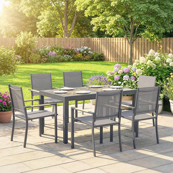 ComfortXL - Salon jardin 7 pièces acier terrasse plateau effet bois 140cm gris foncé - ComfortXL Outdoor Living - Image 4