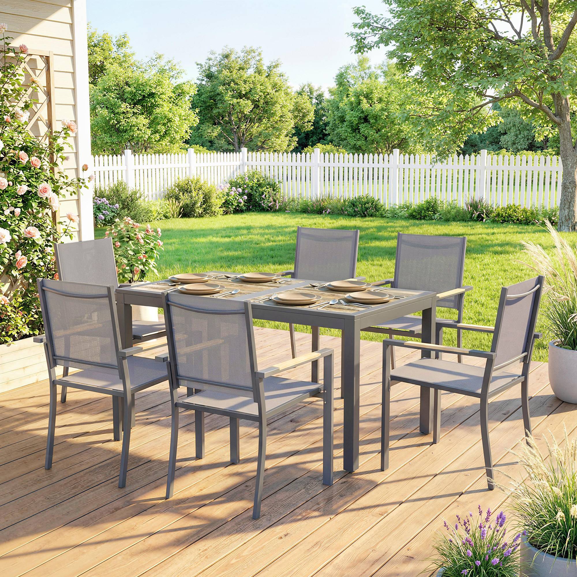 ComfortXL - Salon jardin 7 pièces acier terrasse plateau effet bois 140cm gris foncé - ComfortXL Outdoor Living - Image 3