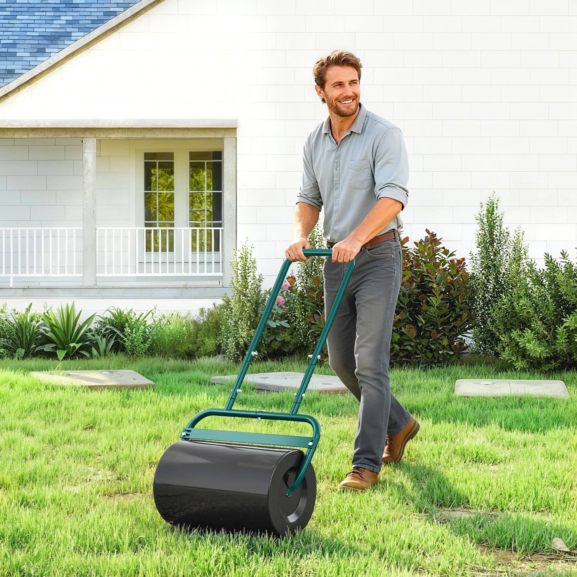 ComfortXL - Rouleau à gazon acier vert foncé 58 x 32,5 x 113 cm à remplir pour pelouse avec poignée en U pousser ou tirer