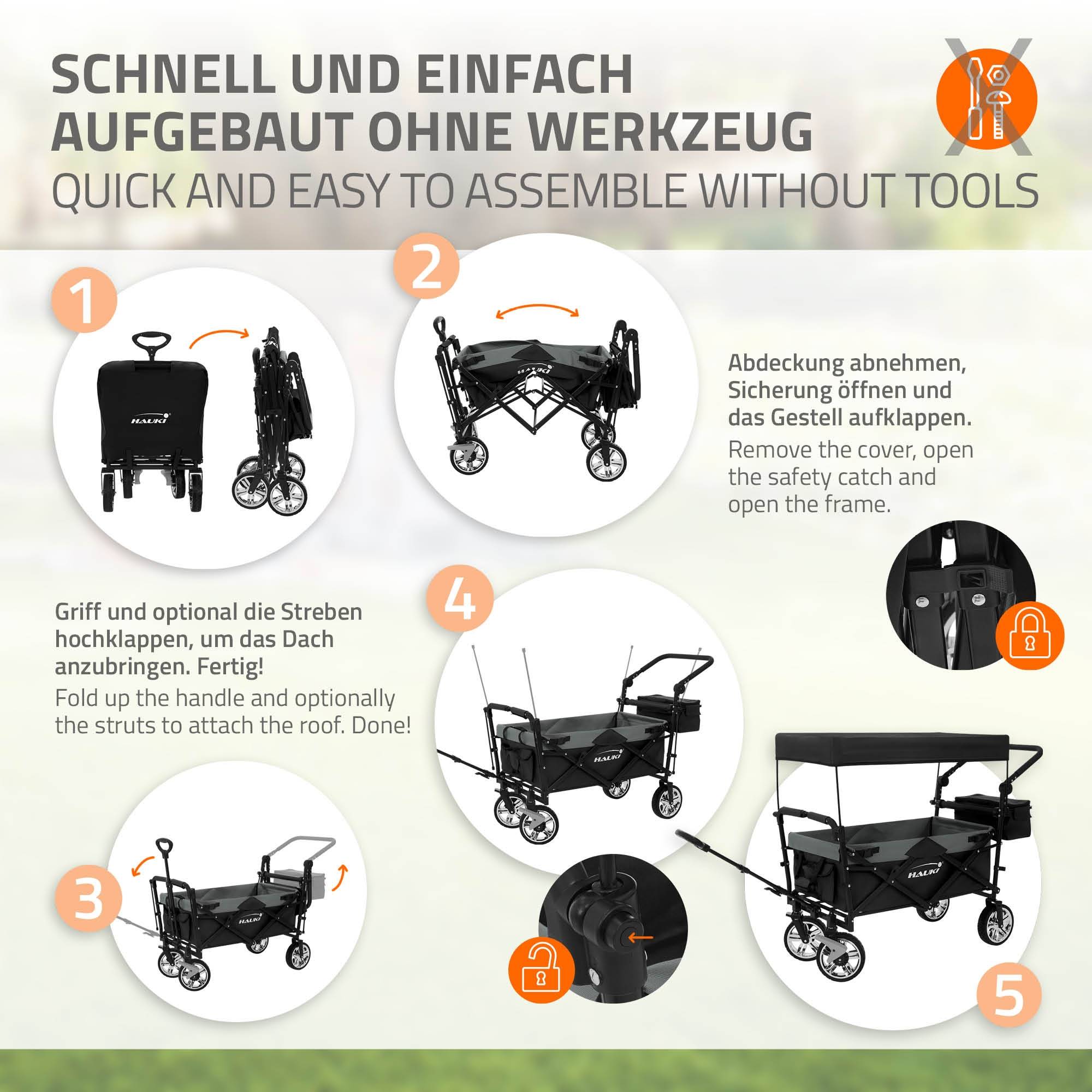 Chariot pliable avec toit noir-gris poussette de plage avec poches et siège à 2 places roulette avec freins pivotante 360° charge 120 kg pour enfant - Imagen 5
