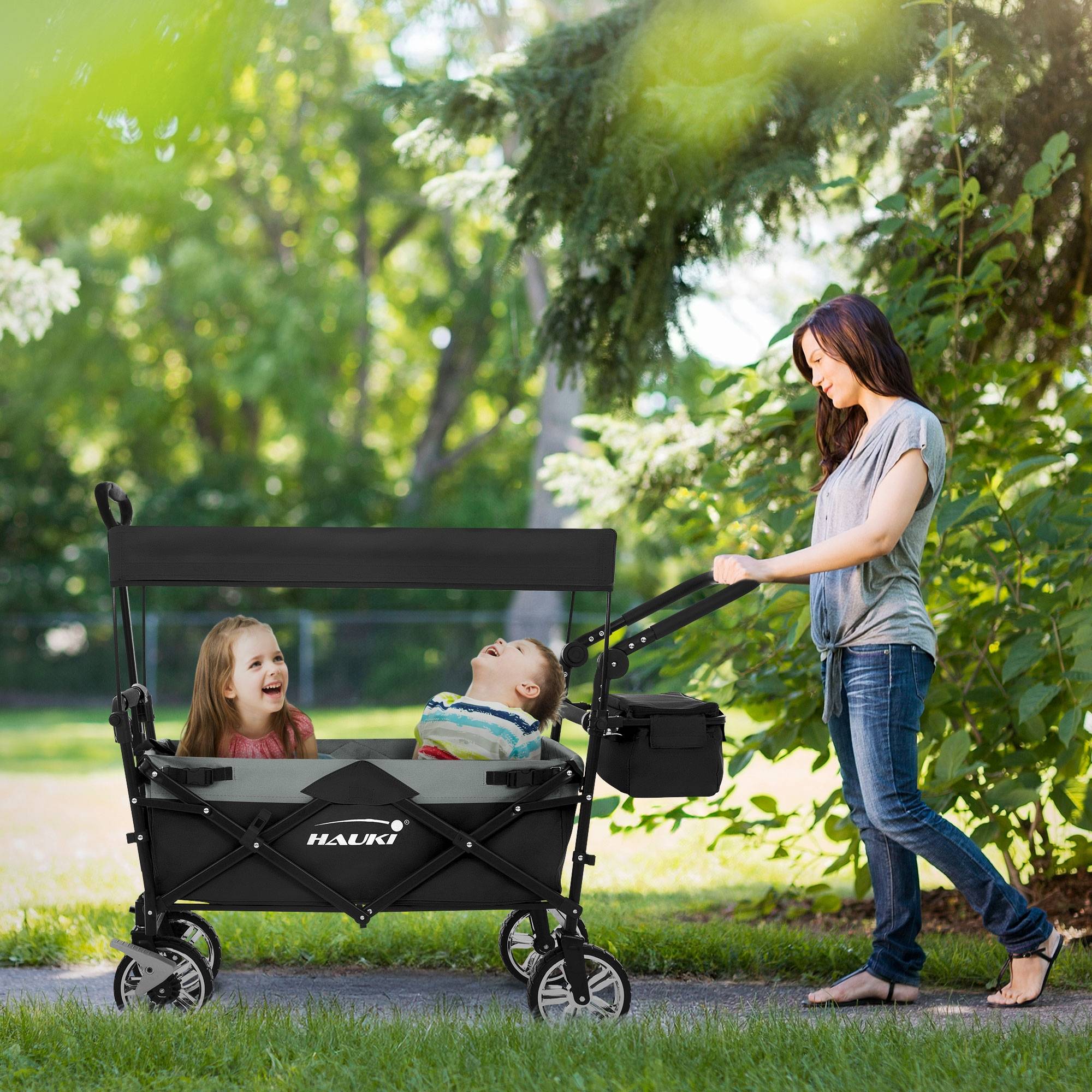 Chariot pliable avec toit noir-gris poussette de plage avec poches et siège à 2 places roulette avec freins pivotante 360° charge 120 kg pour enfant - Imagen 10