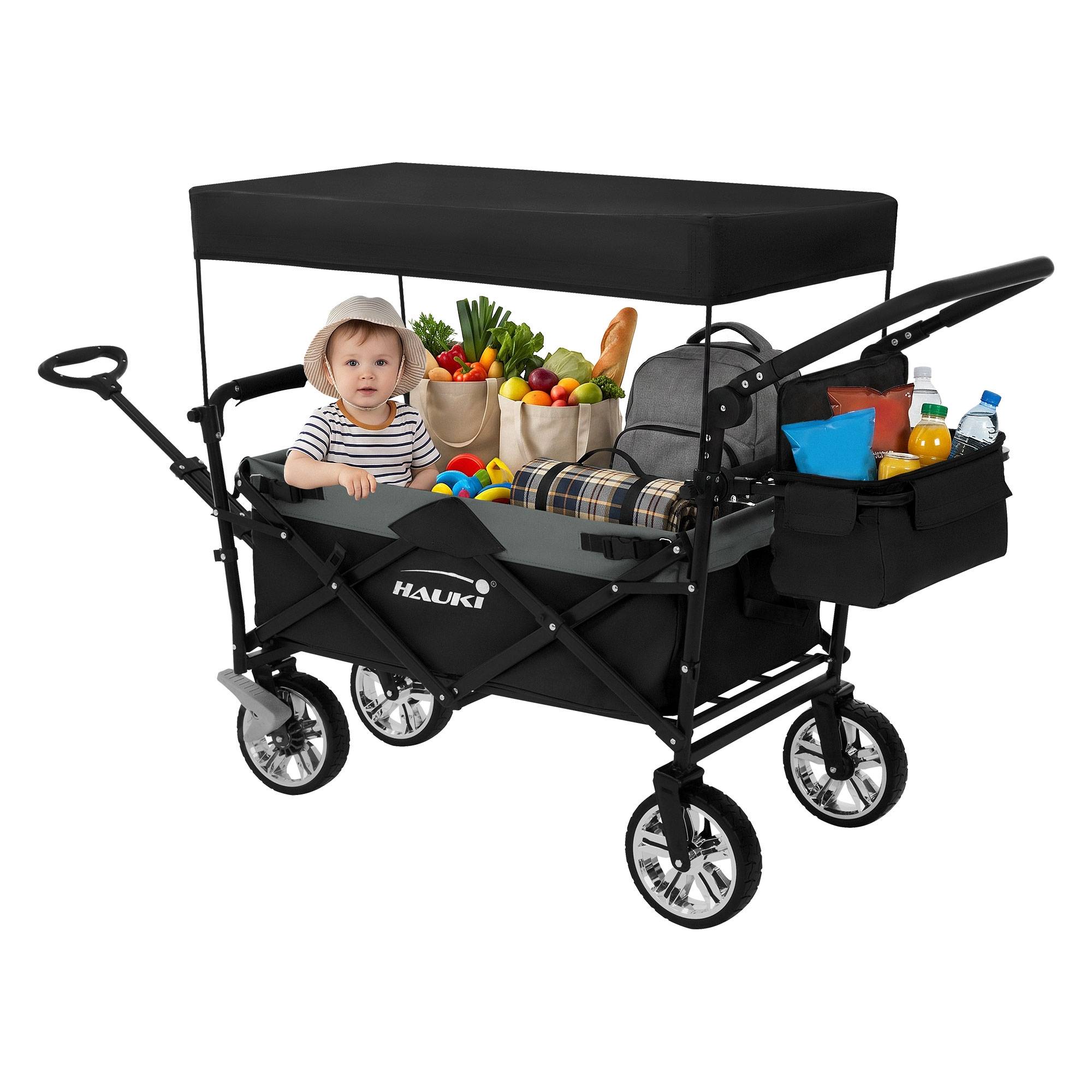Chariot pliable avec toit noir-gris poussette de plage avec poches et siège à 2 places roulette avec freins pivotante 360° charge 120 kg pour enfant - Imagen 9