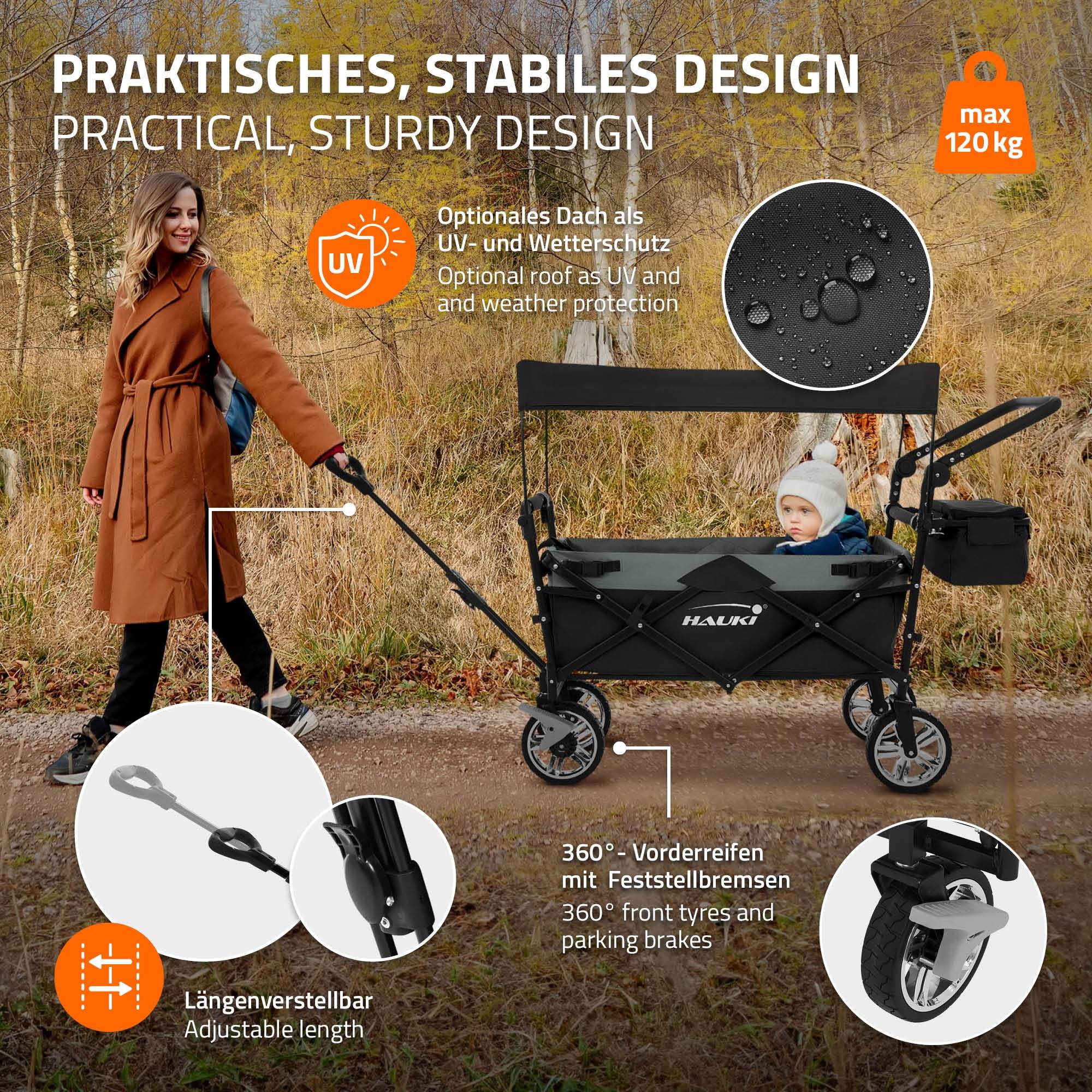 Chariot pliable avec toit noir-gris poussette de plage avec poches et siège à 2 places roulette avec freins pivotante 360° charge 120 kg pour enfant - Imagen 4