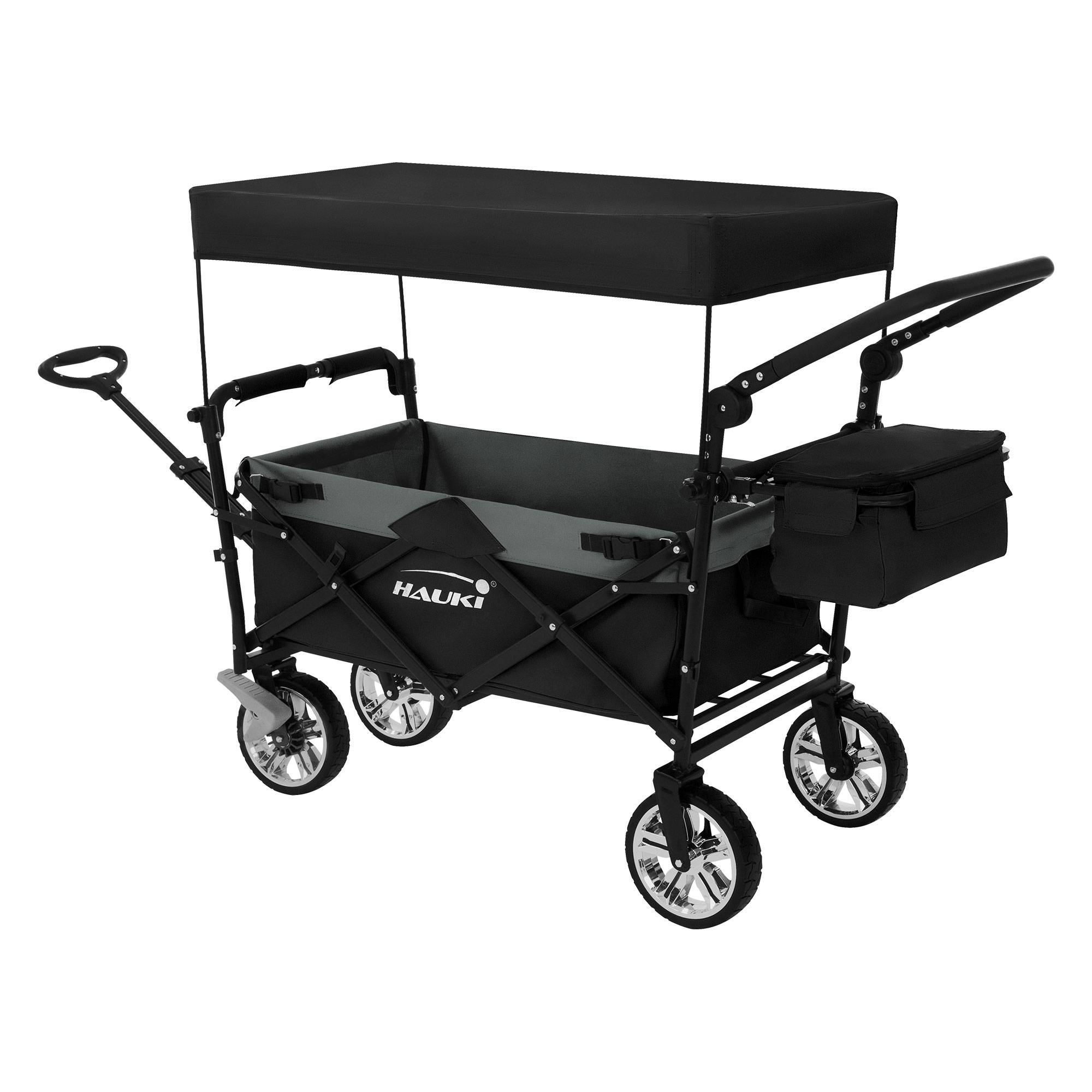 Chariot pliable avec toit noir-gris poussette de plage avec poches et siège à 2 places roulette avec freins pivotante 360° charge 120 kg pour enfant - Imagen 2